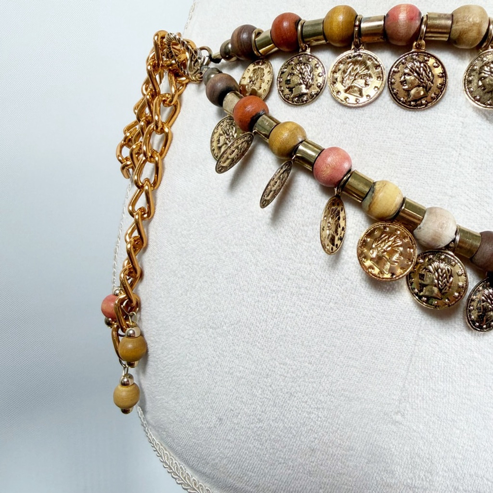 Boho Statement Layered Double Strand Waist Belt Coins Wood beads Hippie Gypsy OS - Picture 4 of 10